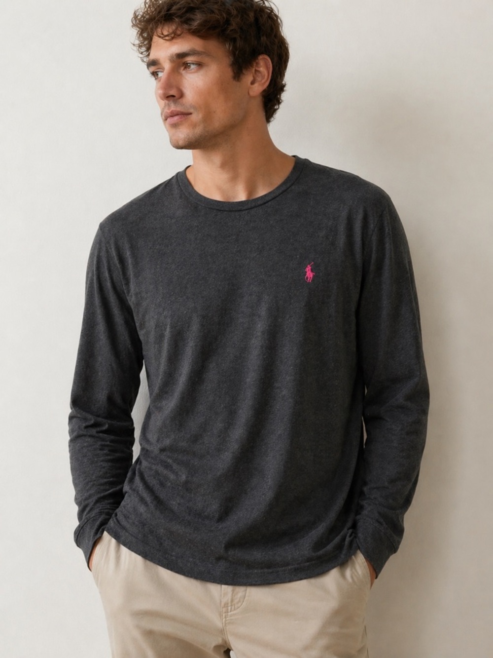 Polo Ralph Lauren Custom Fit Long Sleeve Tee Shirt Gray Pony Logo Mens Medium